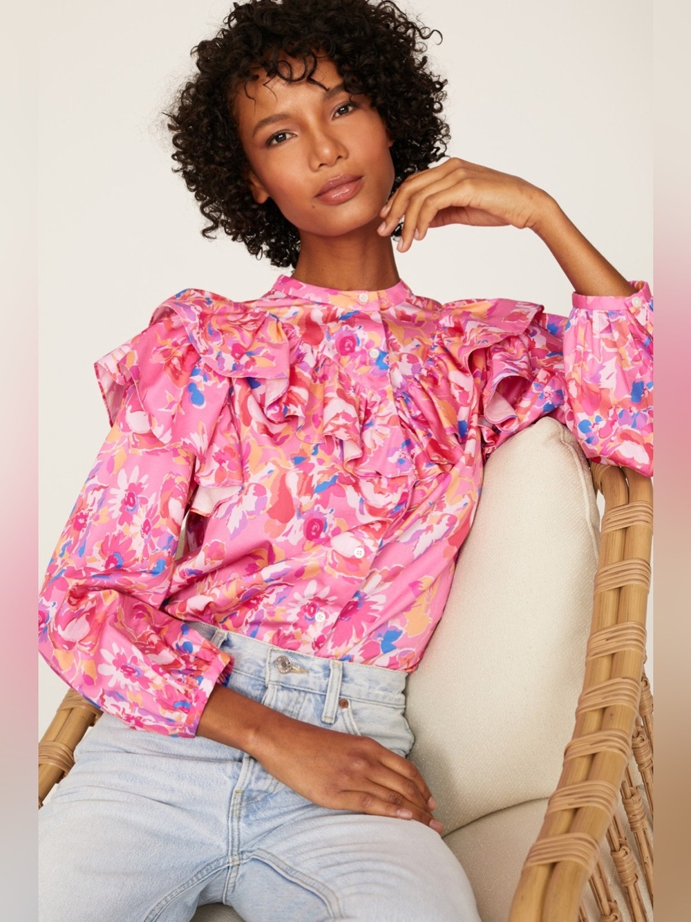 NWT Something Navy Pink Floral Ruffle Blouse Puff Sleeve Top Size Small $125